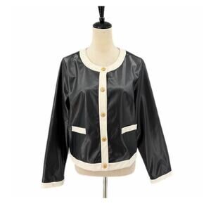 Able Black & White Contrast Trim Gold Button Pockets Lined Faux Leather Jacket